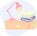 Cute pink table lamp vector flat illustration with stack of books on the desk on blue background. Light bulb on the bedside table. Royalty Free Stock Photo