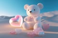 A cute pink teddy bear for love, valentine, or wedding design, heart-shaped transparent bubble on the beach