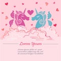 Cute pink template with pink and blue Unicorns with wings in clouds.