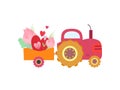 Cute Pink Tractor with Cart with Flowers and Heart Vector Illustration