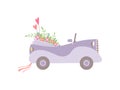 Cute Pink Vintage Convertible Car Decorated With Flowers, Romantic Wedding Retro Auto, Side View Vector Illustration