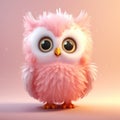 Cute pink violet fluffy pastel happy owl with big eyes standing and looking at the camera. Cartoon style character bird