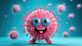 cute pink virus character against blue background