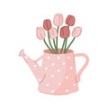 Cute pink watering can with doodle tulips.