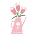 Cute pink watering can with flowers. Pastel colors. Cartoon flat style vector