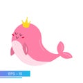 Cute pink whale in delicate pink colors and a golden crown on his head. Proud and sweet. Vector illustration.