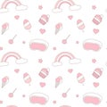 Cute pink and white seamless vector pattern background illustration with rainbow, ice cream, stars, hearts, lollipops, sleeping ma Royalty Free Stock Photo