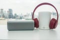 Pink wireless headphone with bluetooth speaker with light option