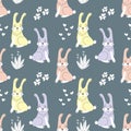 Cute pink, yellow and lilac bunnies, flowers and hearts on a blue background . Vector Seamless pattern, hand-drawn vector