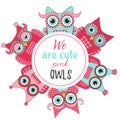 Cute pinl owls vector set as text border Royalty Free Stock Photo