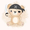 Cute pirate bear hand drawn animal watercolor illustration