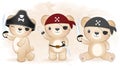 Cute pirate bear hand drawn cartoon watercolor illustration