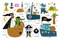 Cute pirate boat. Sailors characters. Animals mariners. Sailing ships. Captains with bandages and hats. Tropical islands