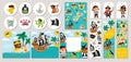 Cute pirate cards set with ship, captain, sailors, chest, map, parrot, map. Vector treasure island square, round, vertical print