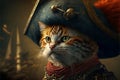 Ai generated. Cute pirate cat with a hat called tricorn or tricorne 3d character and a costume