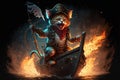 Ai generated. Cute pirate cat with a hat called tricorn or tricorne 3d character and a costume on a pirate ship