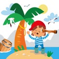 Cute pirate on desert island. Scene, background for games, puzzles. Ocean, palm tree, nature. Vector illustration. Royalty Free Stock Photo
