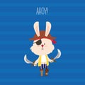 Cute pirate rabbit with eye-patch and swords greeting card. Ahoy