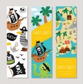 Cute pirate vertical cards set with ship, captain, chest, map, palm trees, octopus, seagull. Vector treasure island vertical print Royalty Free Stock Photo