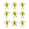 Cute pistachio nuts characters set with different emitions vector illustration. Royalty Free Stock Photo