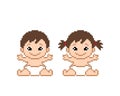 A cute pixel baby boy and girl is sitting. Vector illustration.