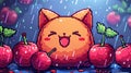 Cute pixel fox with apples in the rain. Vector illustration 8 bit