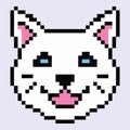 Cute pixel white cat head. Animal 8 bit icon. Kitten with blue eyes.