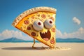 Cute pizza cartoon character on the ocean coast on a summer hot day.