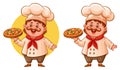 Cute pizza chef cook in culinary hat, pizzeria cooking baker master hold tray Italian fast food icon. Cooking man character vector