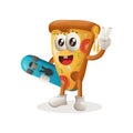 Cute pizza mascot carrying a skateboard