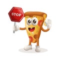 Cute pizza mascot holding stop sign, street sign, road sign Royalty Free Stock Photo