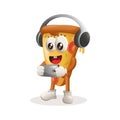 Cute pizza mascot playing game mobile, wearing headphones