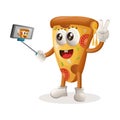 Cute pizza mascot takes a selfie with smartphone