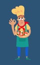 Cute pizzaiolo chef with neopolitan pizza in cartoon style. Character for postcards, books, posters. Vector illustration