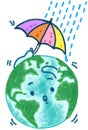 Cute planet earth holding an umbrella in the rain, World protection, Global Warming and Climate Change concept, cartoon character