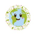 Happy Earth day. Cute planet Earth with trees, plants and flowers.