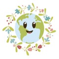 Cute Planet Earth with wreath of flowers.
