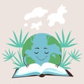 Cute planet earth is reading a book of fairy tales Royalty Free Stock Photo