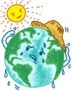 Cute planet earth wearing sun hat with sun, tired, hot, sweaty. Global Warming and Climate Change concept, cartoon character Royalty Free Stock Photo