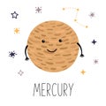 Cute planet Mercury. Planet with hands and eyes. Vector illustration for children Royalty Free Stock Photo