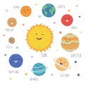 Cute planets with funny smiling faces. Solar system with cute cartoon planets. Funny universe for kids , sun, pluto Royalty Free Stock Photo