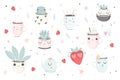 Cute plants, cups and strawberry isolated illustration for children