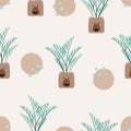 Cute plants in pots seamless pattern. Cartoon vector bear faces Royalty Free Stock Photo