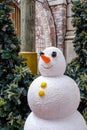 Cute plastic snowman display in front of vintage wood wall