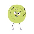 Cute plate character with emotions in a panic grabs his head, face, arms and legs. The funny or sad dish with eyes for a