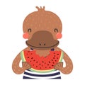 Cute platypus eating watermelon cartoon character illustration. Royalty Free Stock Photo