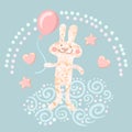 Cute playful bunny, hare, rabbit with clew ball, roll knitting needles and tied bow with floral pattern