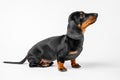 Cute playful dachshund puppy sits and looks up waiting for the command on a white background