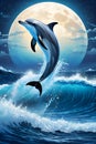 A cute and playful dolphin, in a breathtaking ocean, with moonlit night, in a Japanese style waves, digital painting art, animal