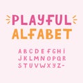 Cute playful font in childish naive style. Fidgety bold alphabet with uppercase letters for festival headline, greeting